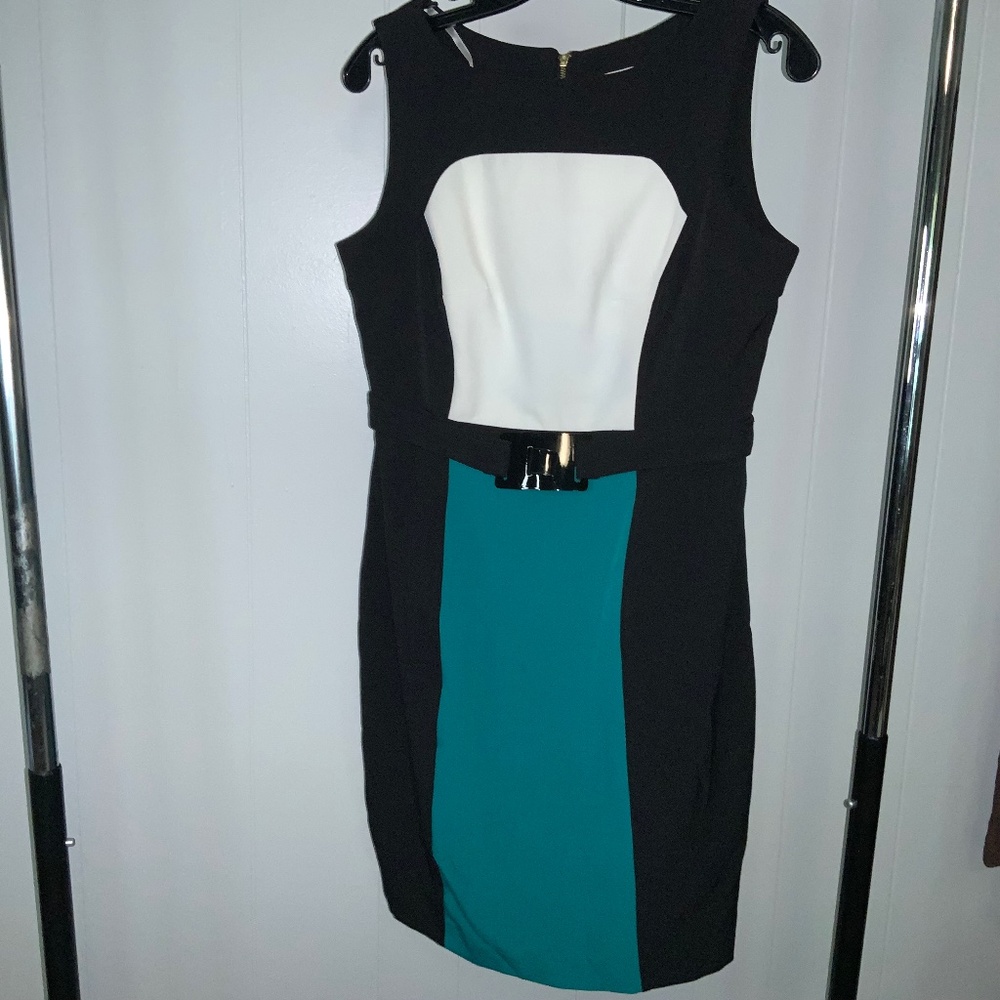Sandra Darren colorblock black teal sheath dress sz 6 decorative waist detail